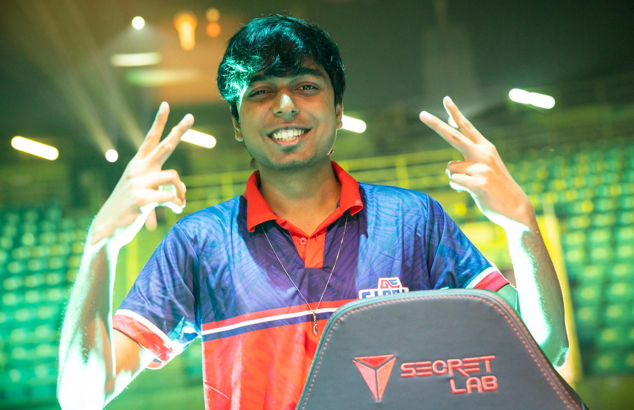 Ganesh "SkRossi" Gangadhar of Global Esports poses on stage at the VALORANT Champions Tour 2023: LOCK//IN tech check on February 21, 2023 in Sao Paulo, Brazil.