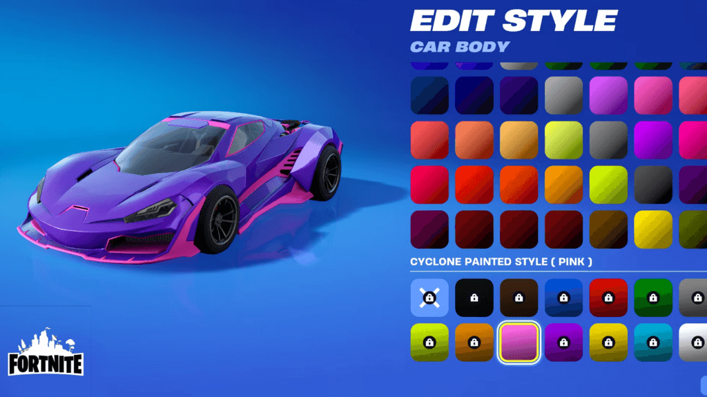 Customization menu of the Fortnite Cyclone Pink Painted Style