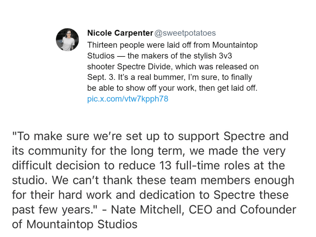 The statement by CEO of Mountaintop CEO taken by Nice Carpenter, posted on X, regarding Spectre Divide layoffs