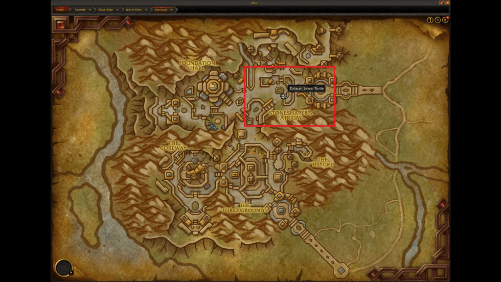 The Location of the Dalaran Sewer Turtle NPC after giving it some fishes in The War Within WoW