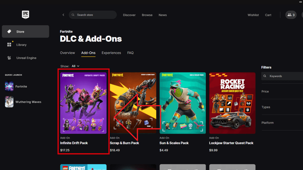 Infinity Drift Pack in the Fortnite Epic Game Store