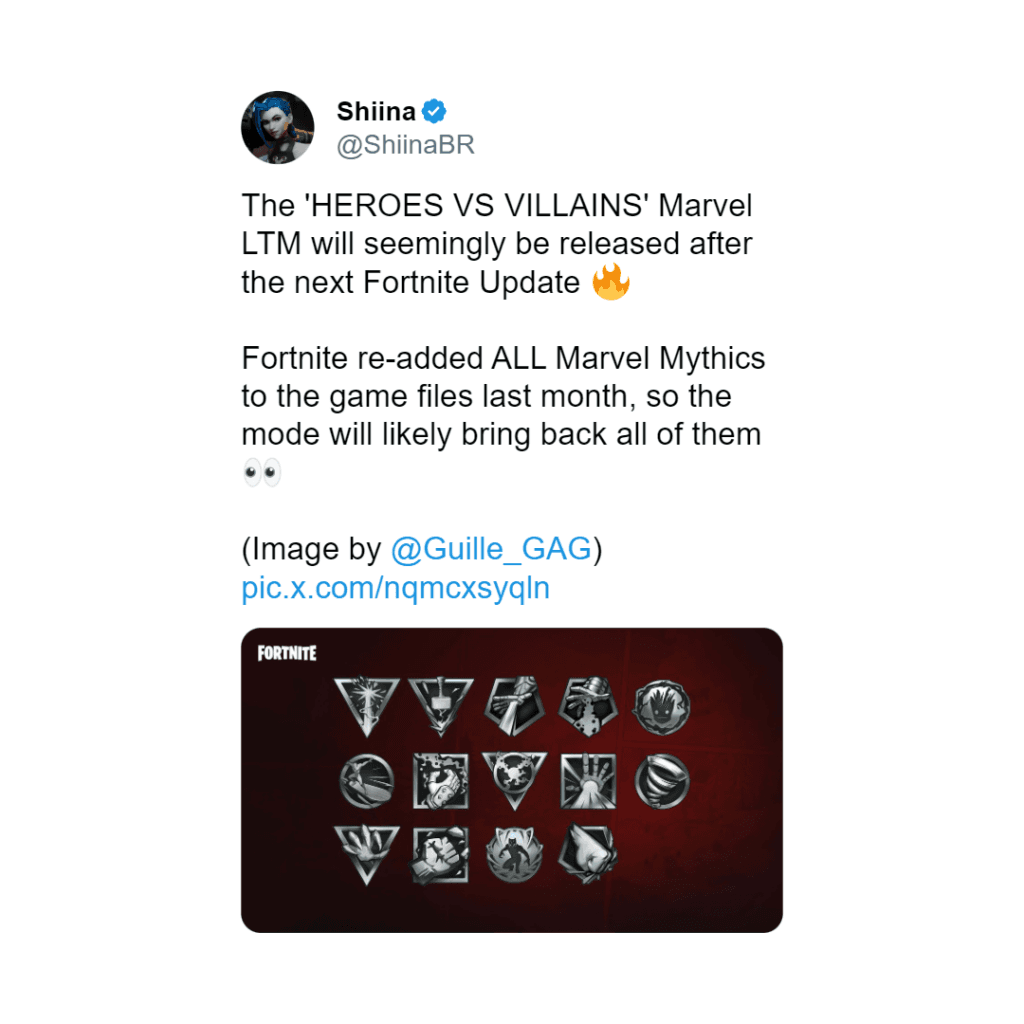 Tweet by @ShiinaBR that Fortnite Limited-Time Mode being Marvel-Themed 