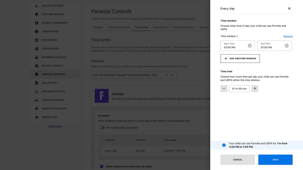 Fortnite parental controls time limit setting