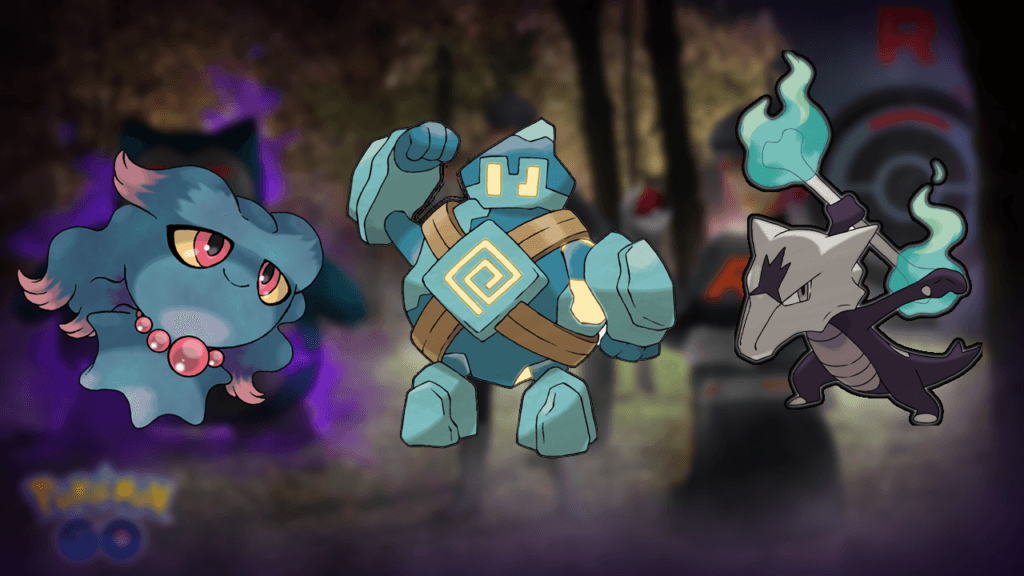 Misdreavus, Golett, and Alolan Marowak of the Ke Ke Ke Grunt in Pokemon GO