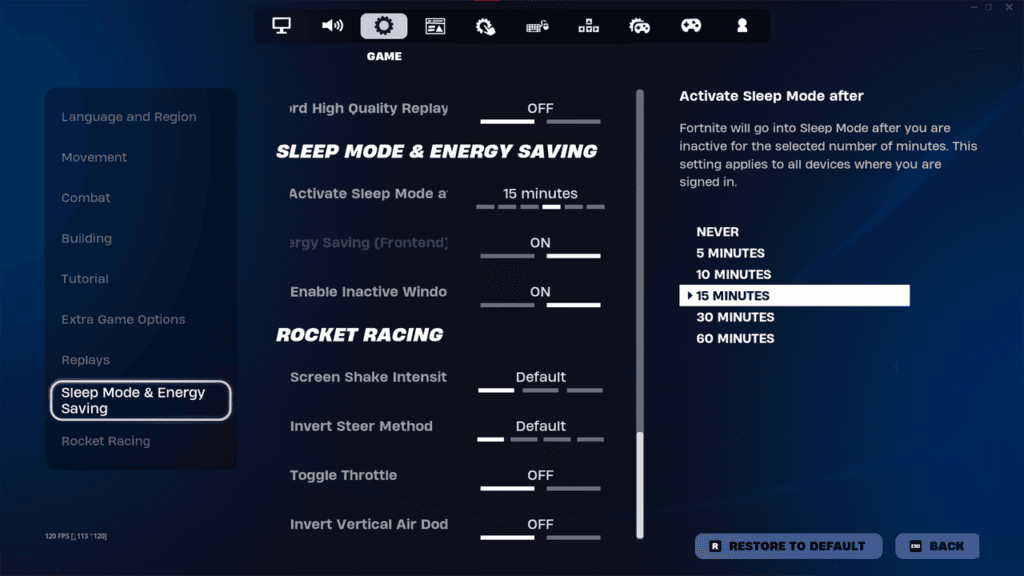 The Sleep Mode menu in Fortnite