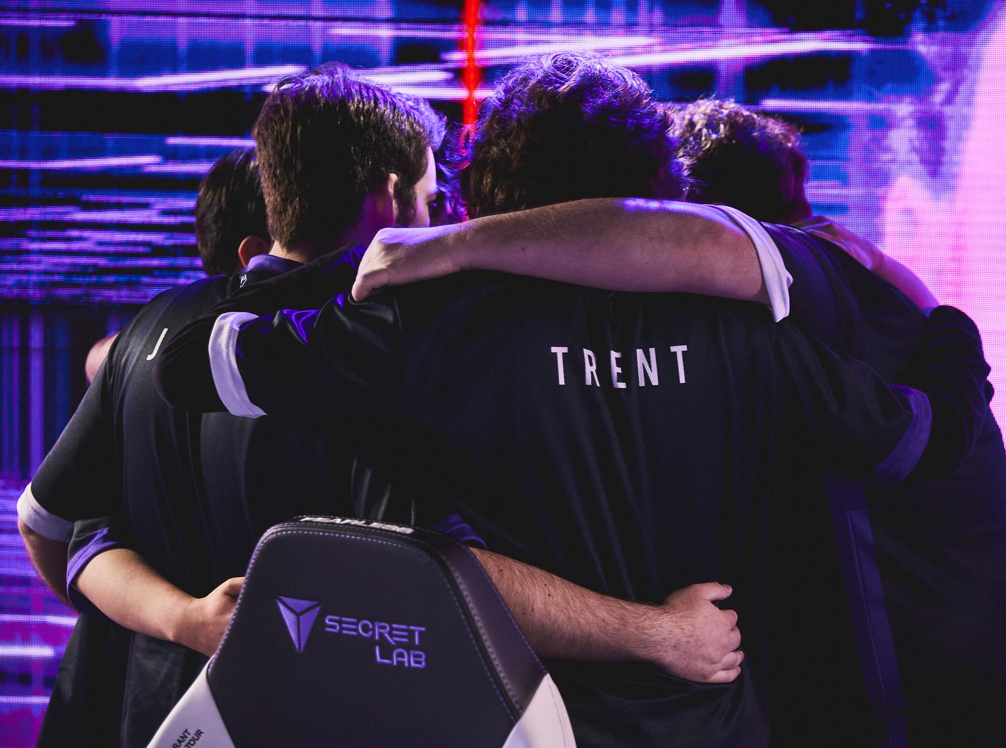 The Guard huddles onstage before the start of the match at the VALORANT Masters Bracket Stage on April 16, 2022 in Reykjavik, Iceland.