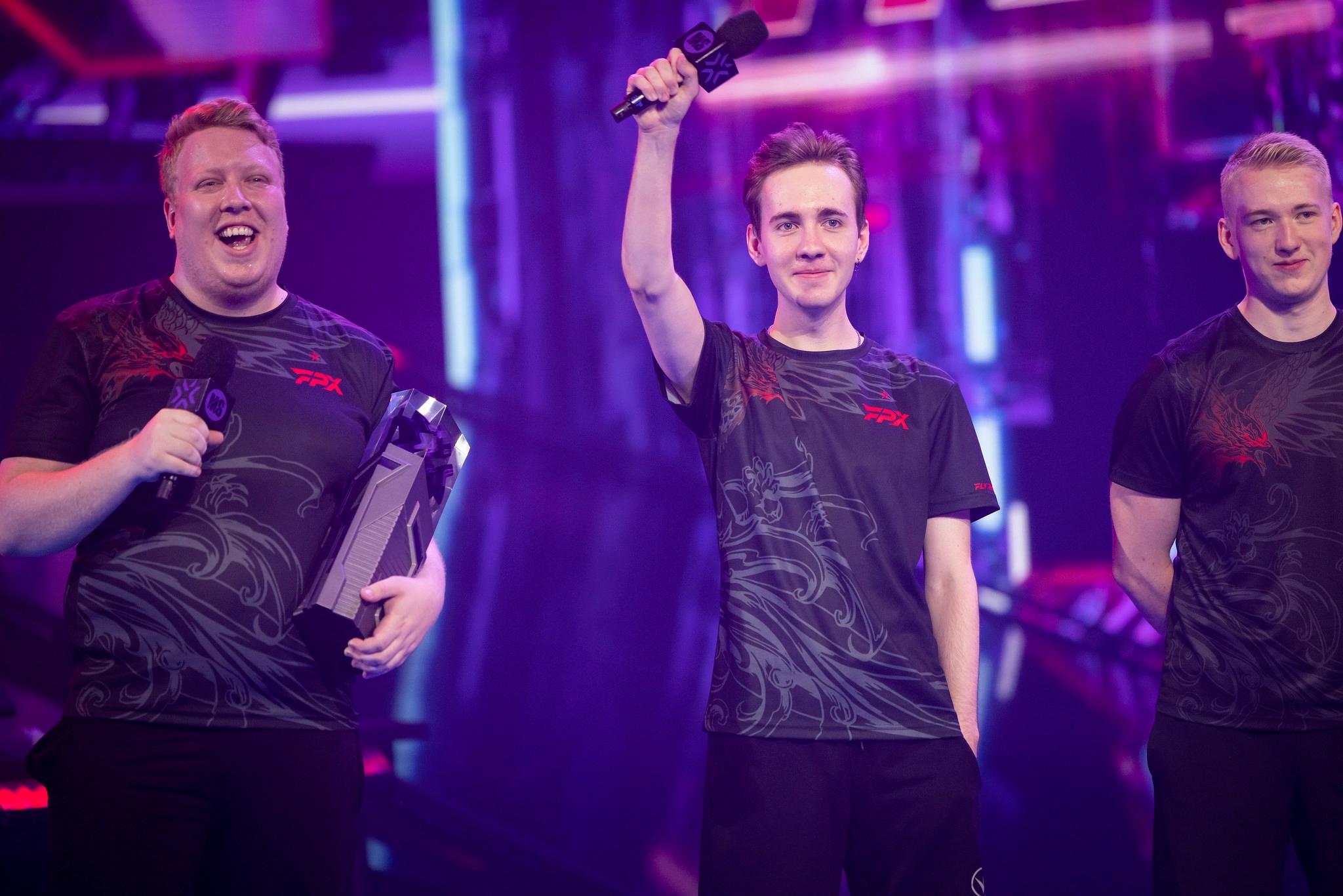 Ardis "ardiis" Svarenieks, Dmitry "SUYGETSU" Ilyushin and Pontus "Zyppan" Eek of FunPlus Phoenix appear onstage after victory at the VALORANT Champions Tour: Stage 2 Masters Grand Finals on July 24, 2022 in Copenhagen, Denmark.