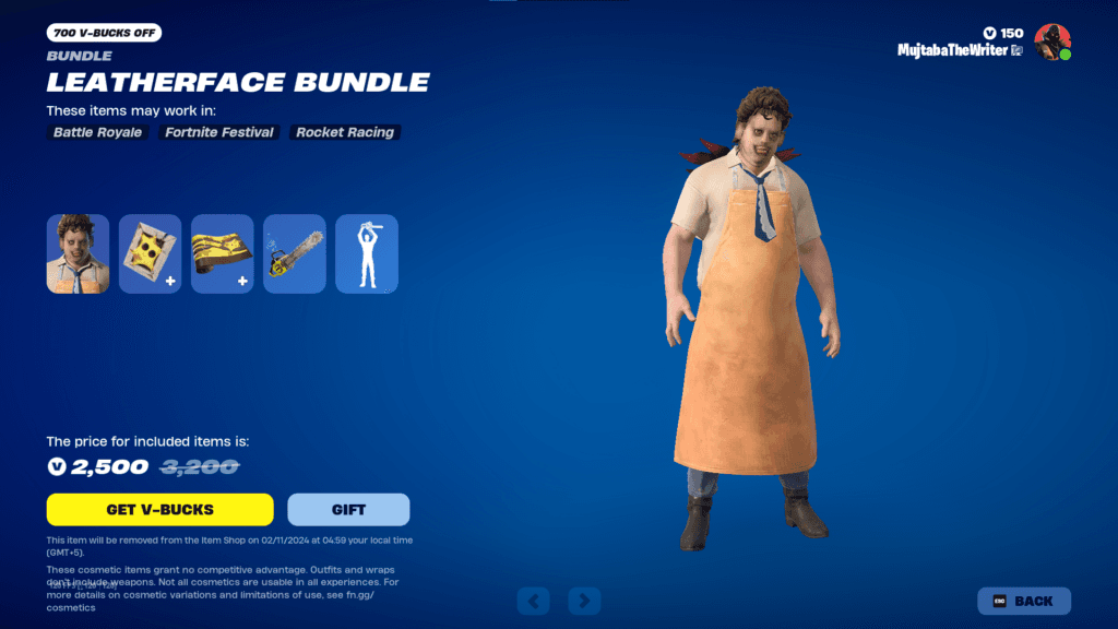 The in-game screenshot of Fortnite Leatherface skin