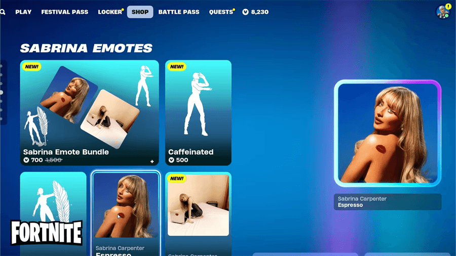 Sabrina Carpenter and her emote bundle in Fortnite