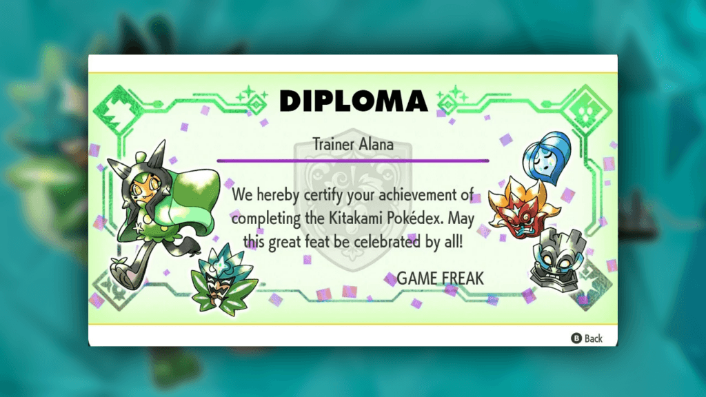 The diploma given upon completing the Kitakami Pokedex in Pokemon Scarlet & Violet