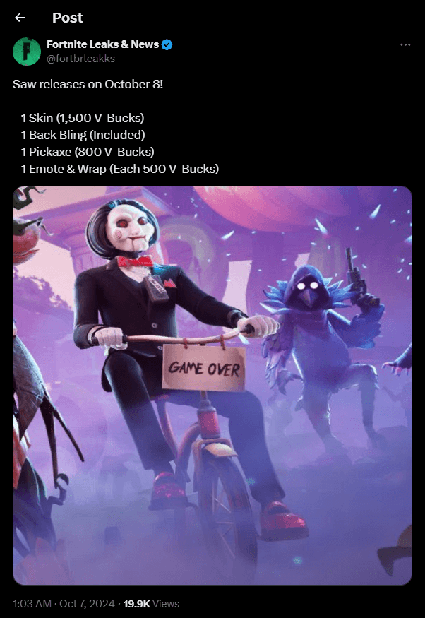 The leaked prices for Fortnite x Saw collaboration for Fortnitemares 2024