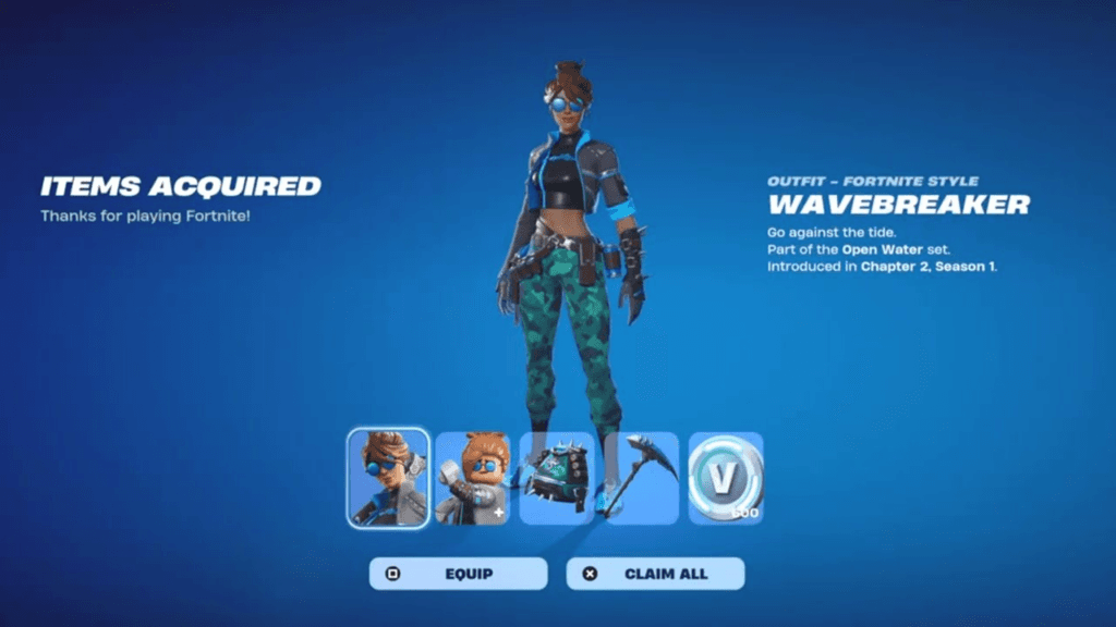 The Wavebreaker pack after purchasing in-game Fortnite