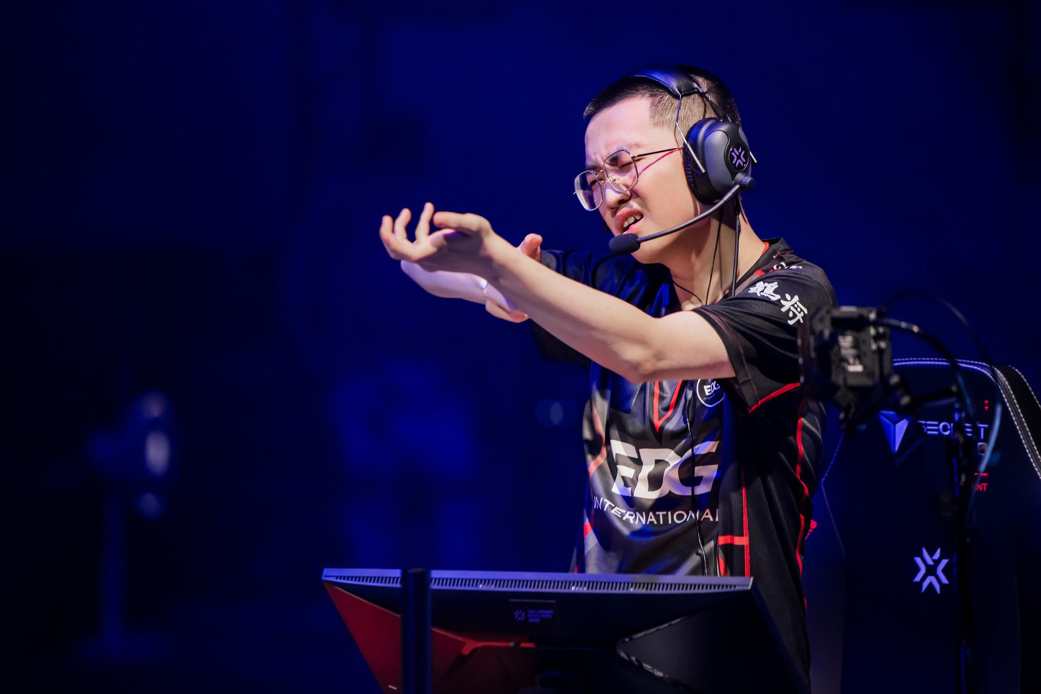 Zheng "ZmjjKK" Yongkang of EDward Gaming gestures onstage after victory at VALORANT Masters Tokyo Group Stage at Tipstar Dome Chiba on June 14, 2023 in Tokyo, Japan.