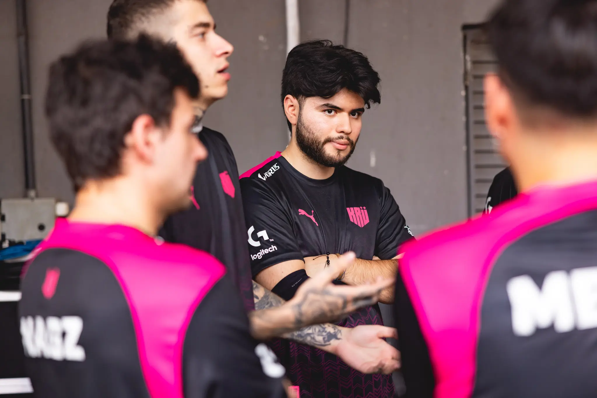 Santiago "Daveeys" Ruiz of KRU Esports huddles with team at the VALORANT Champions Tour 2023: LOCK//IN Groups Stage on February 22, 2023 in Sao Paulo, Brazil.