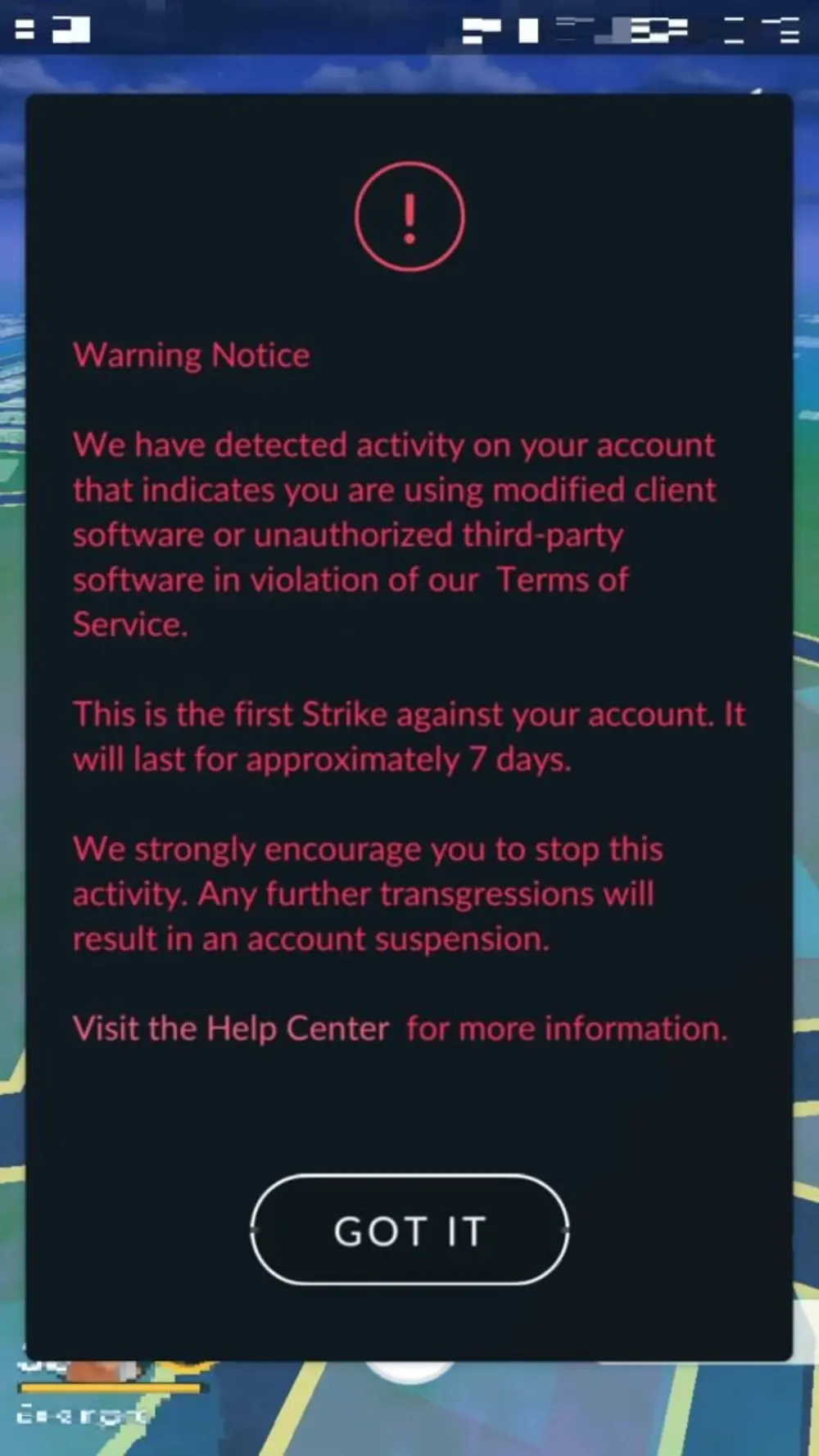 A Pokemon GO shadow ban warning screen