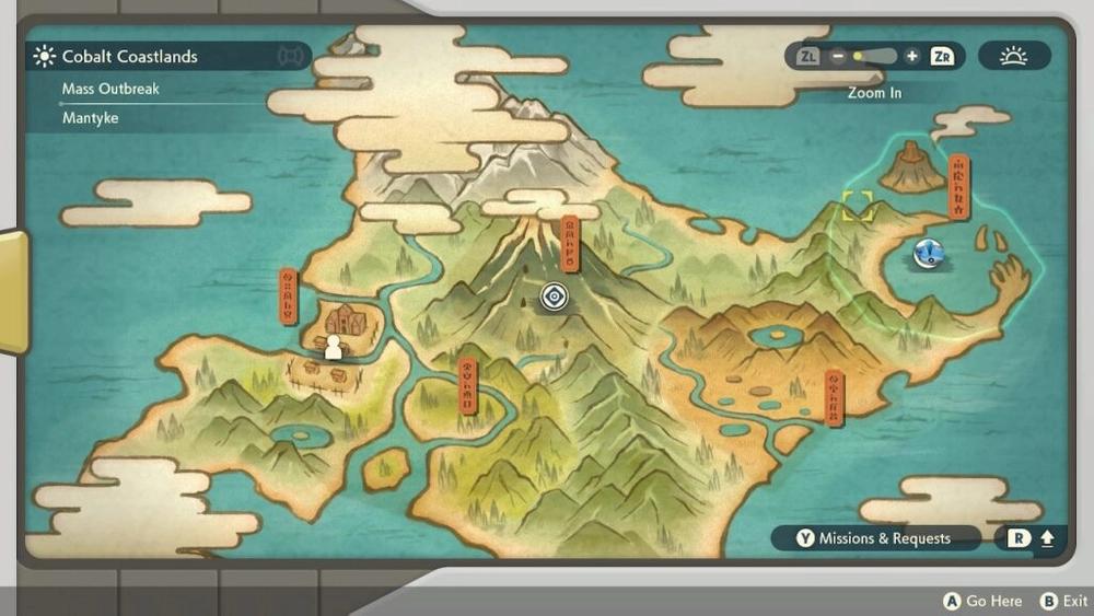 A mass outbreak being shown on the world map in Pokemon Legends: Arceus.