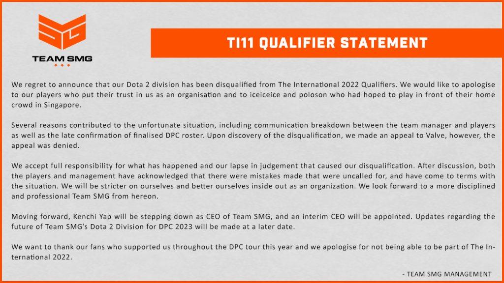 Team SMG The International 2022 disqualification statement