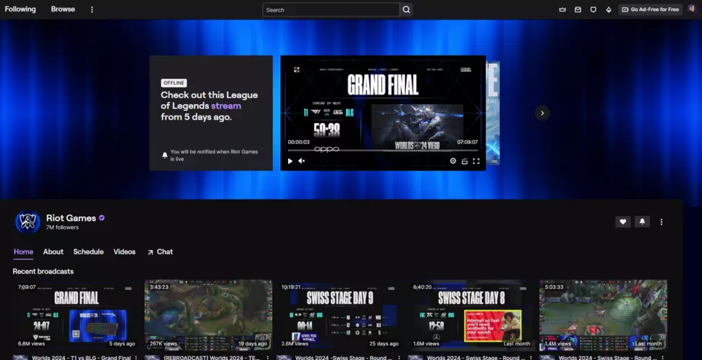 Riot Games official Twitch where the Arcane live stream will be happening