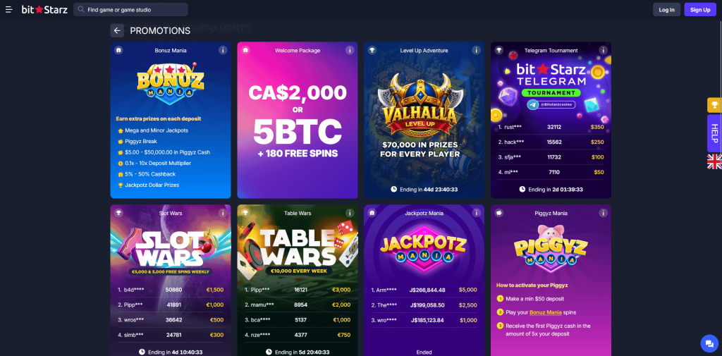 BitStarz Promotions page with all global promos