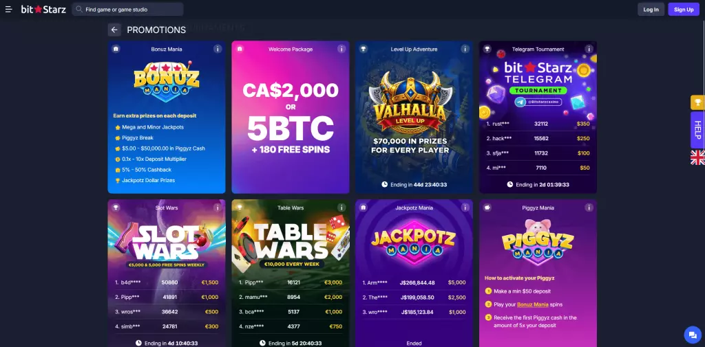 BitStarz Promotions page with all global promos