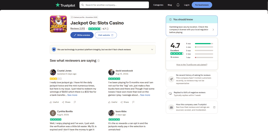 JackpotGO TrustPilot page displaying a 4.7 star rating