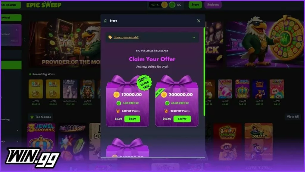 epicsweep first purchase bonus - epic sweeps bonus codes