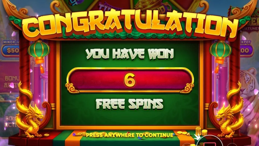 Getting free spins in the Dragon Tiger Fortunes slot