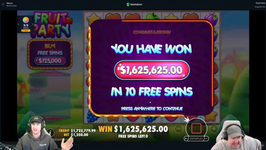 TheDoctor winning over $1.6 million on Fruit Party