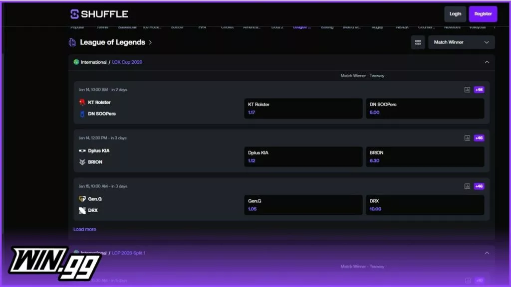 a screenshot of the League of Legends markets and odds at Shuffle