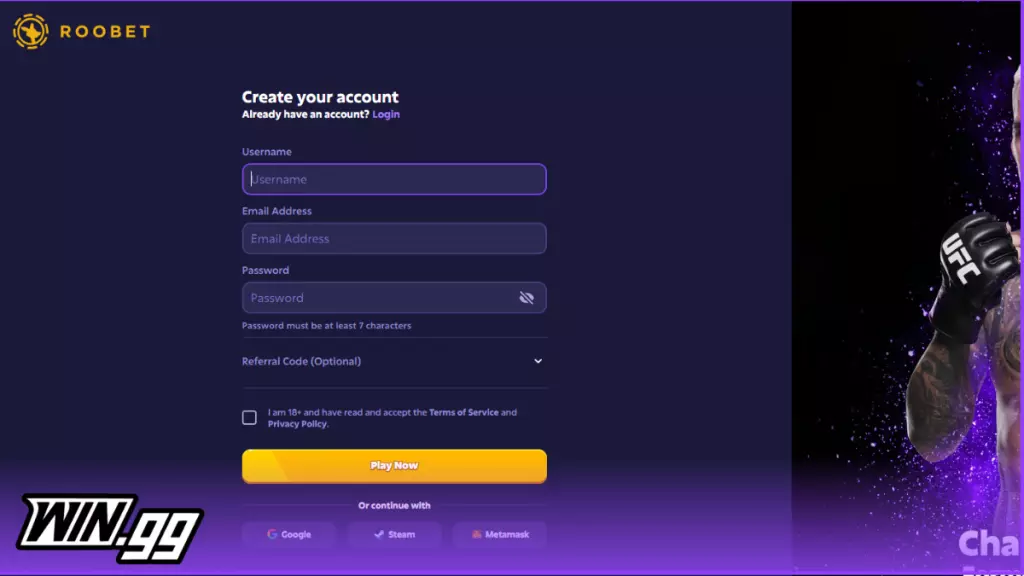 A screenshot thats showcases the registration process at Roobet