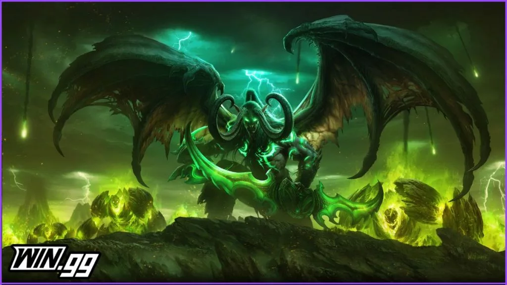 A wallpaper of World of Warcraft showing Illidan holding his Swords