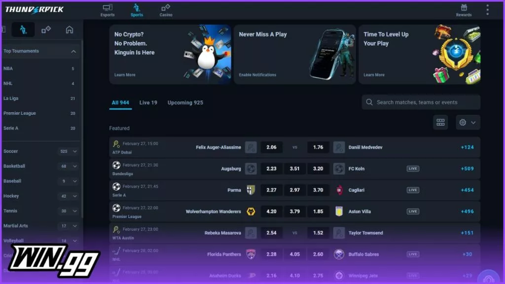 A snapshot of Thunderpick's sportsbook