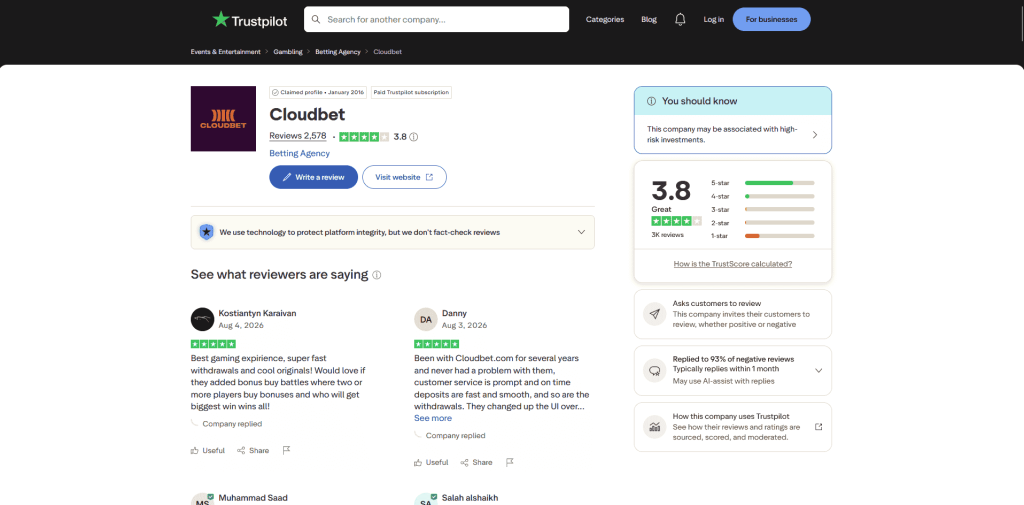 Screenshot of the Trustpilot page for Cloudbet showing a 3.8 rating.