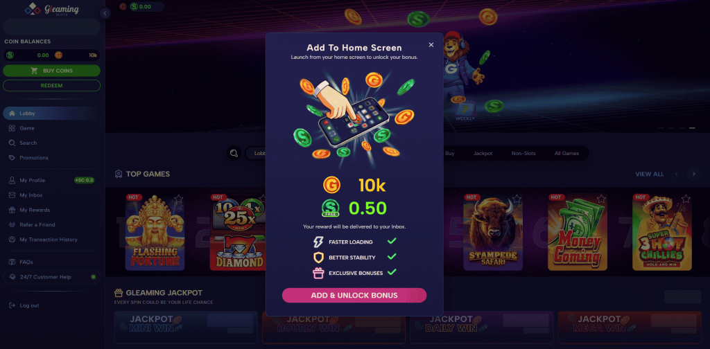 Gleaming Slots app reward prompt