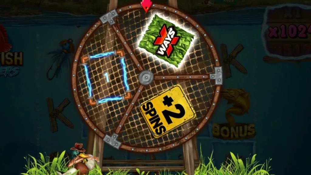 The bonus wheel in the Catfish Hunters slot