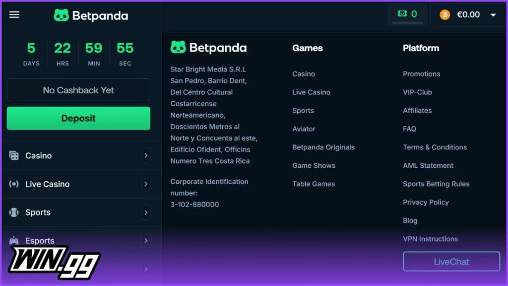 a screenshot of betpanda's footer with company details