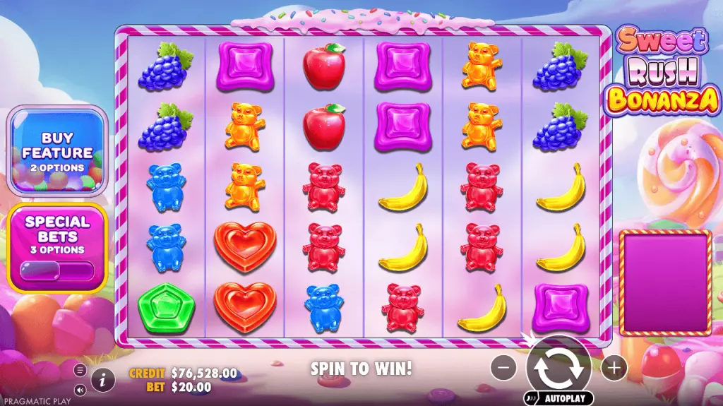 Main screen of Sweet Rush Bonanza showing symbols and layout