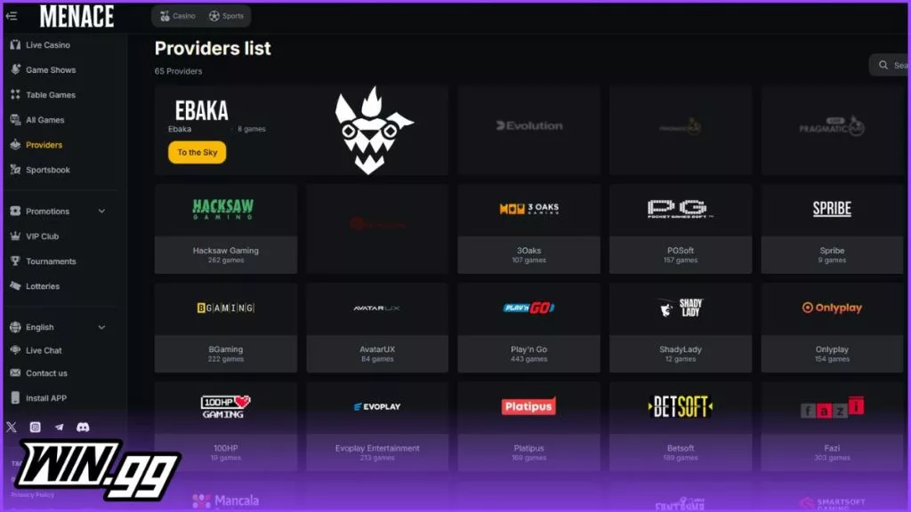 a snapshot of Menace's casino software suppliers