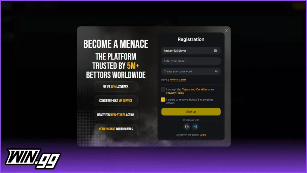 a screenshot of Menace's registration process