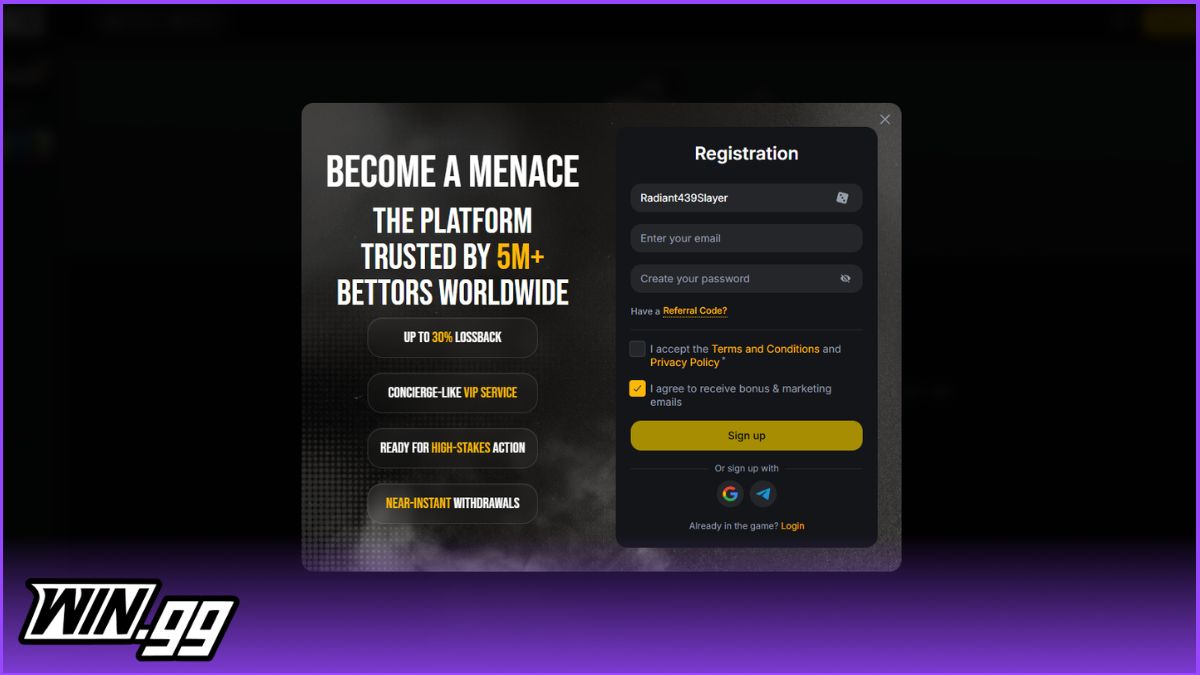 a screenshot of Menace's registration process