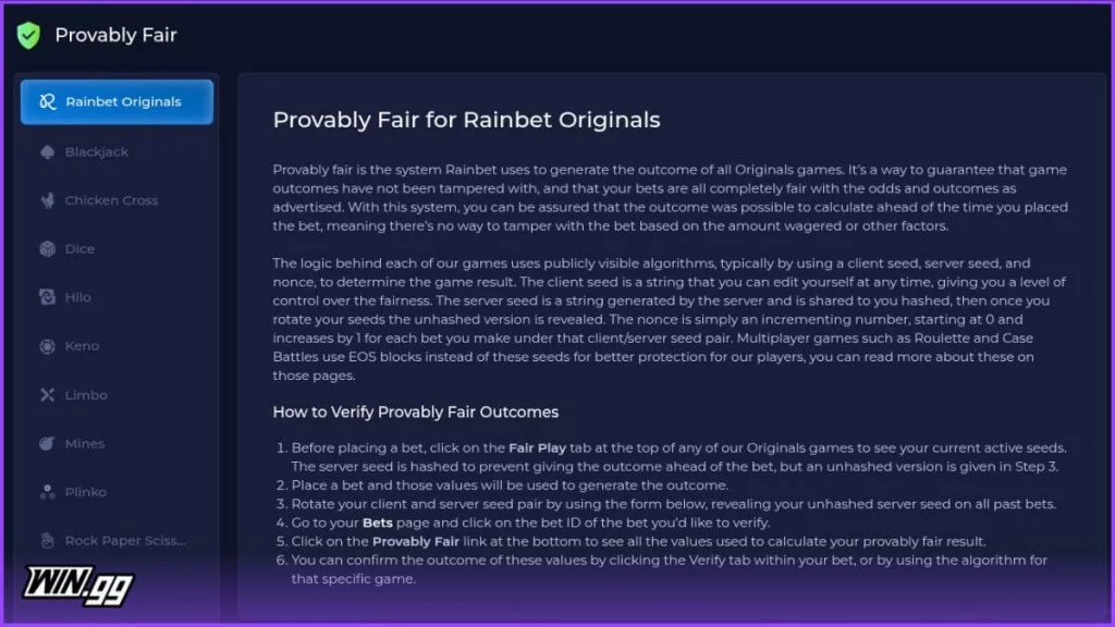 rainbet provably fair originals