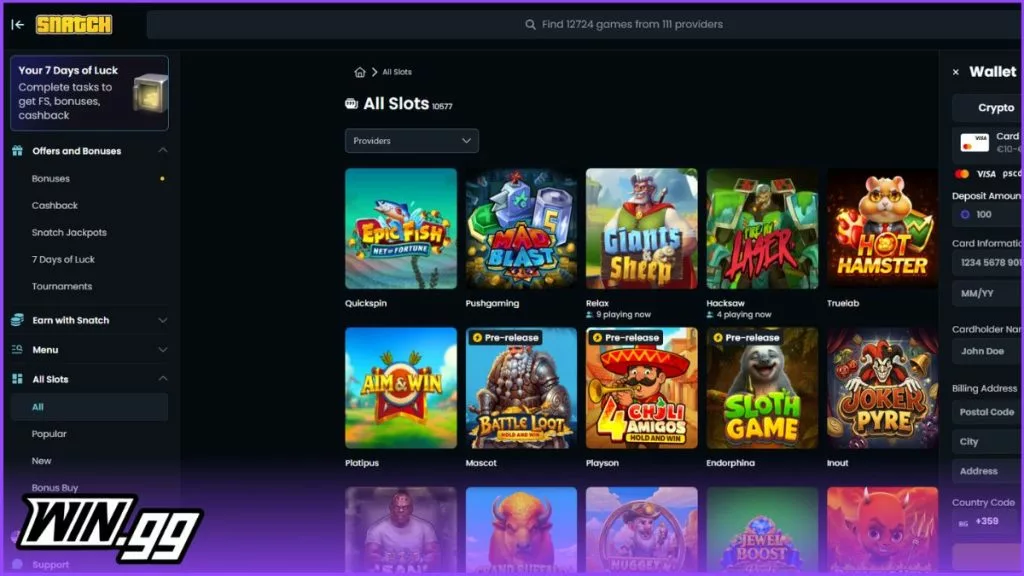 a screenshot of snatch casino's deposit page