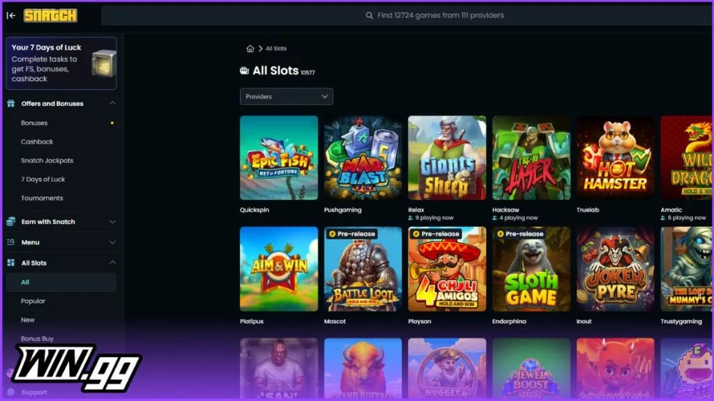 a screenshot of snatch casino's games