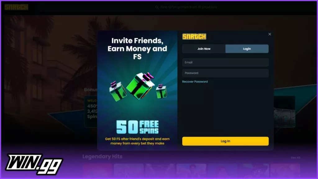 a screenshot of snatch casino's login process