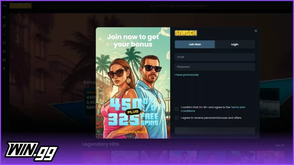 a secreenshot of snatch casino's registration process