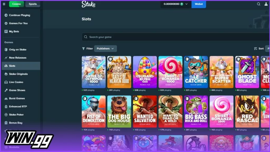 a snapshot of Stake.com's slots section