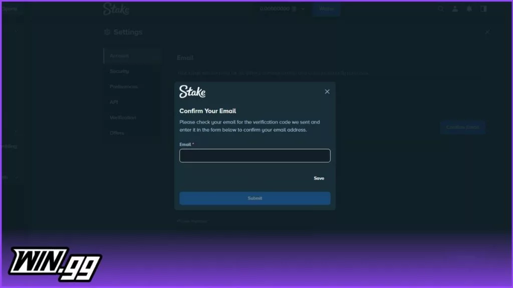 A screenshot of Stake's email verification process