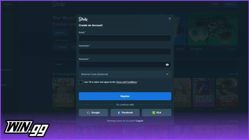 A screenshot of Stake's registration process