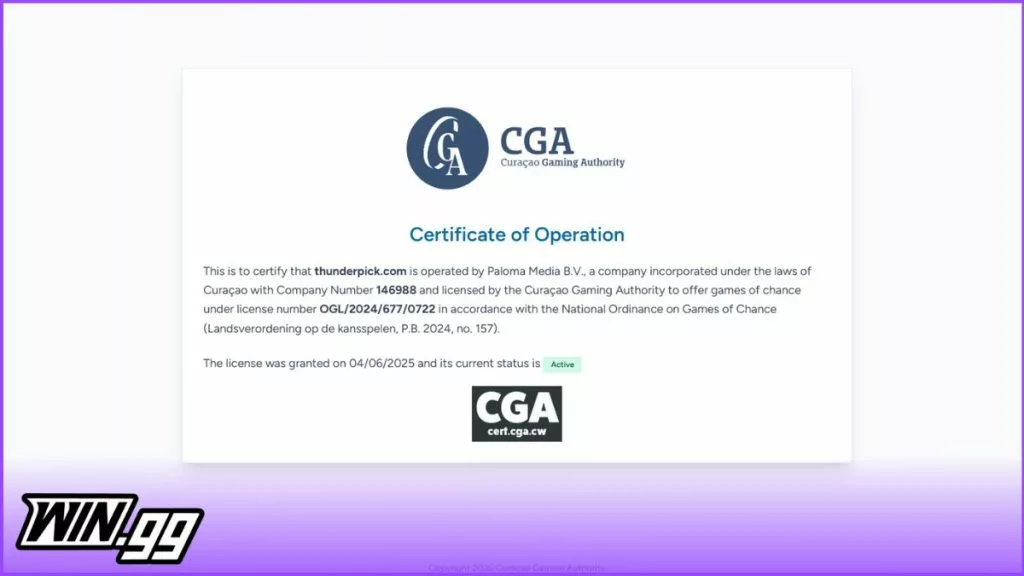 A snapshot of Thunderpick's Curacao License