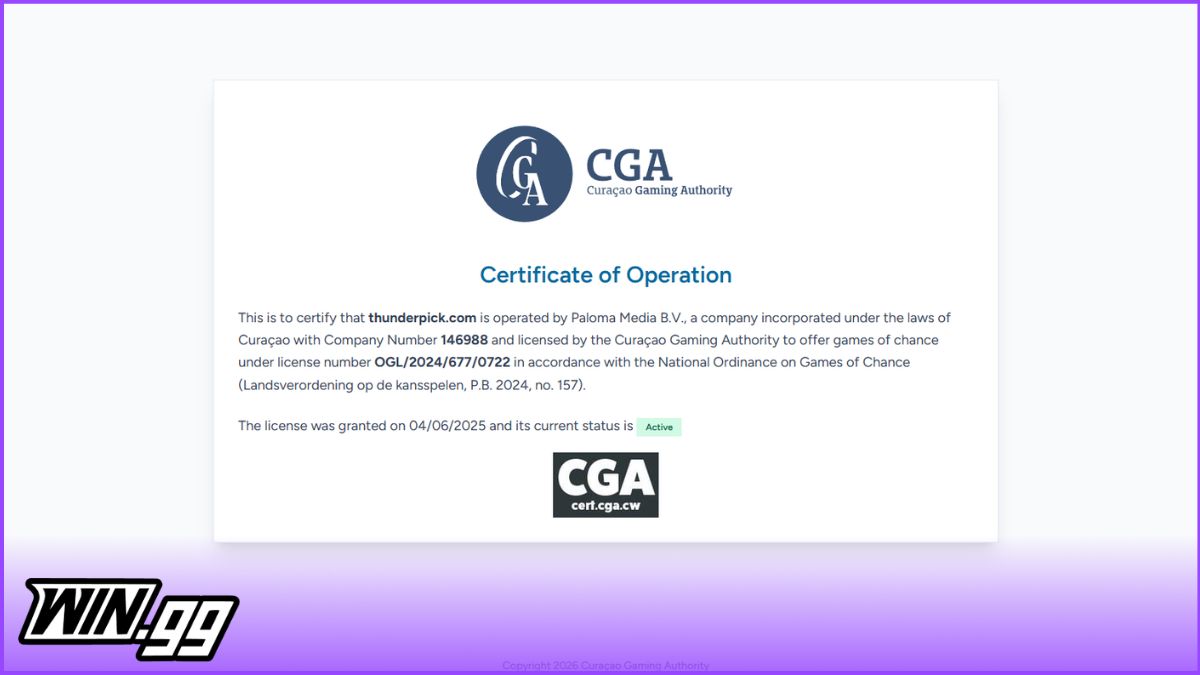 A snapshot of Thunderpick's Curacao License